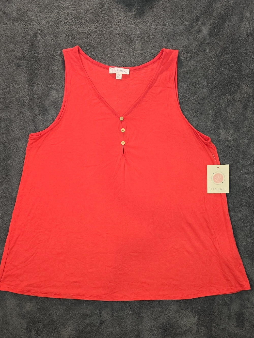 Timing Coral-Red V-Neck Button Tank Top